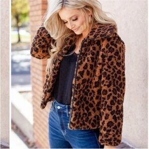 BB Dakota Brown leopard Teddy Jacket Plush Faux Fur, size large